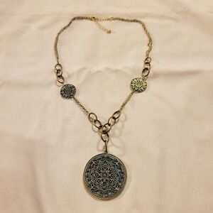 AVON NR Brass‎ Tone Turquoise Filigree Round Chain 20" Necklace